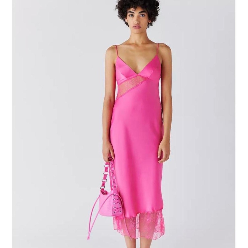 Pink (Fuschia) Satin Lace Blend Midi Dress.